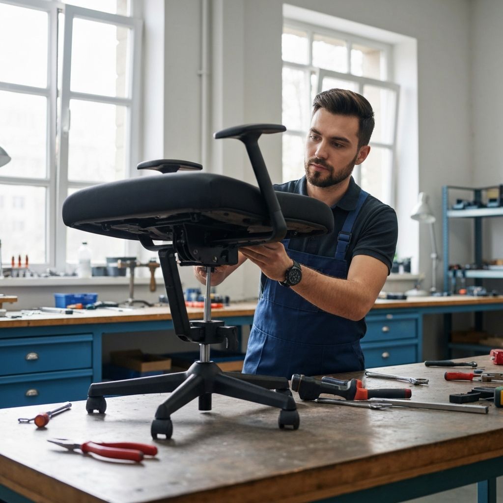 Technician repairing office chair mechanism