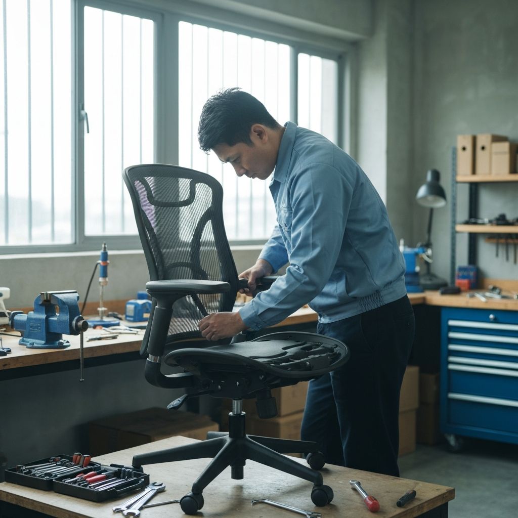 Office chair repair technician fixing wheel base